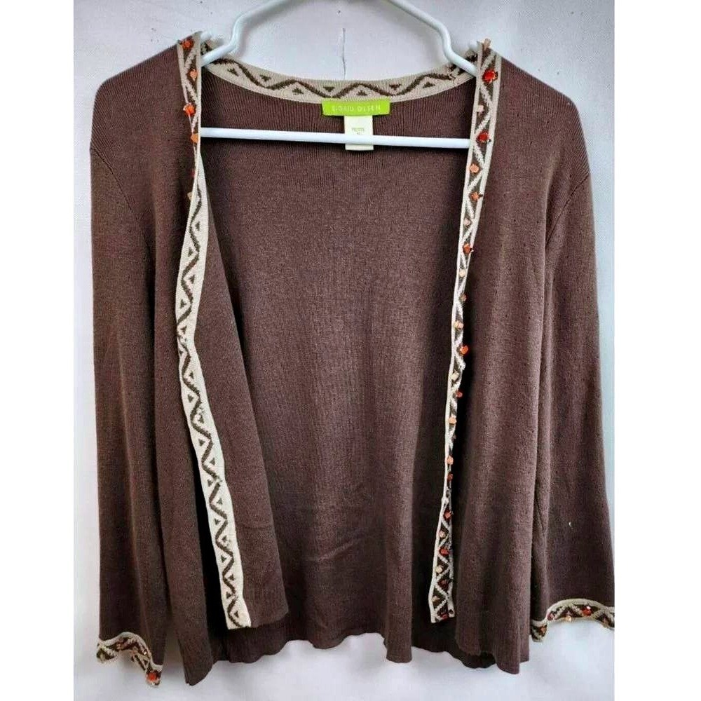 Sigrid Olsen Cardigan Womens Petite M Brown Silk Cotton Beaded Boho Open Front